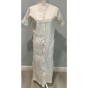Vtg White Lace Trim Dress Cottagecore Button Front Textured Maxi Boho Romantic S
